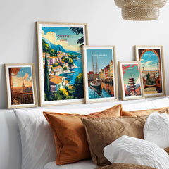 Corfu Greece Travel Poster | Coastal Town Wall Art Print displayed in a cozy living room setting with other city posters.