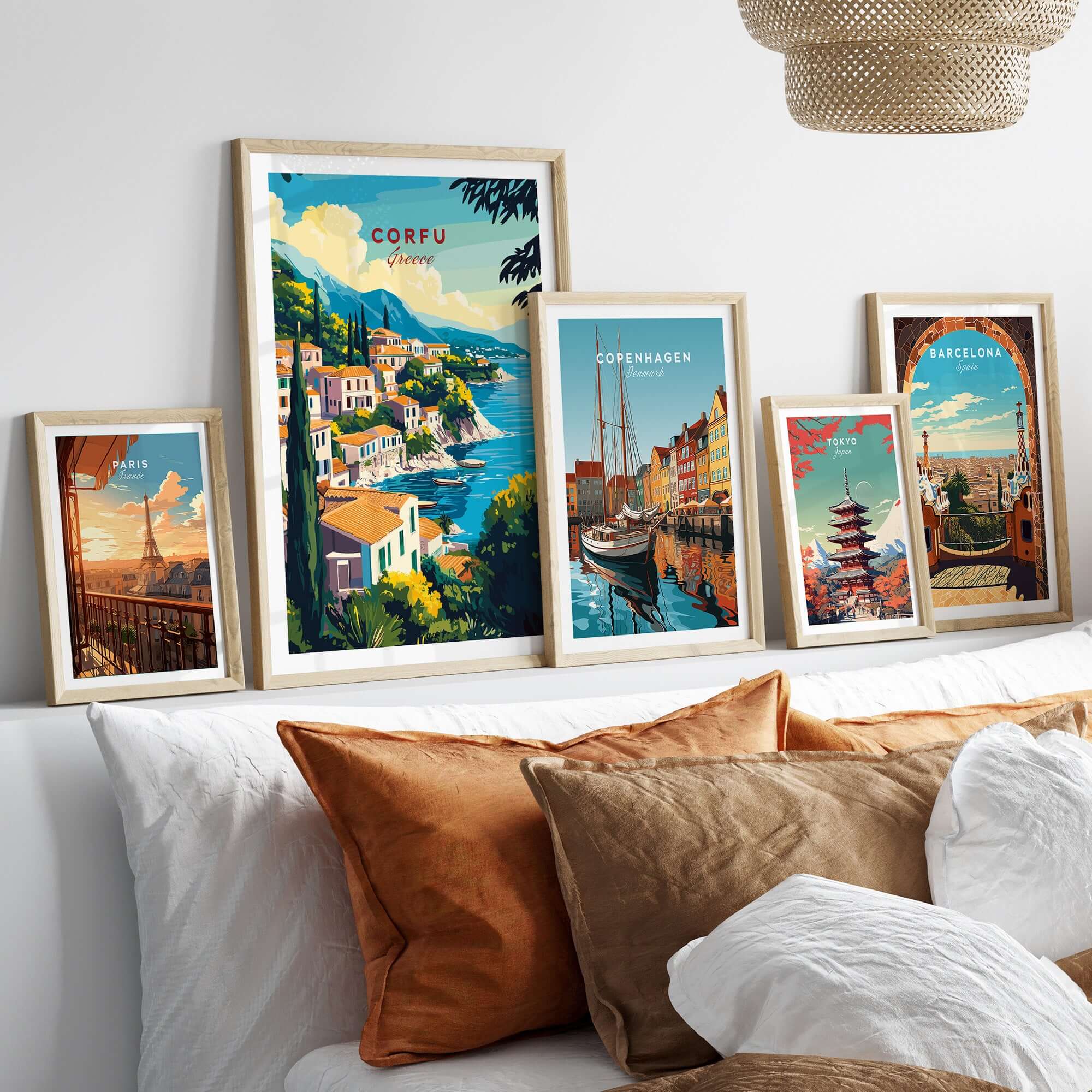 Corfu Greece Travel Poster | Coastal Town Wall Art Print displayed in a cozy living room setting with other city posters.