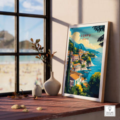 Corfu Greece Travel Poster | Coastal Town Wall Art Print displayed on a wooden table by window with beach view.