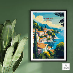 Corfu Greece Travel Poster | Coastal Town Wall Art Print showcasing a picturesque coastal scene.