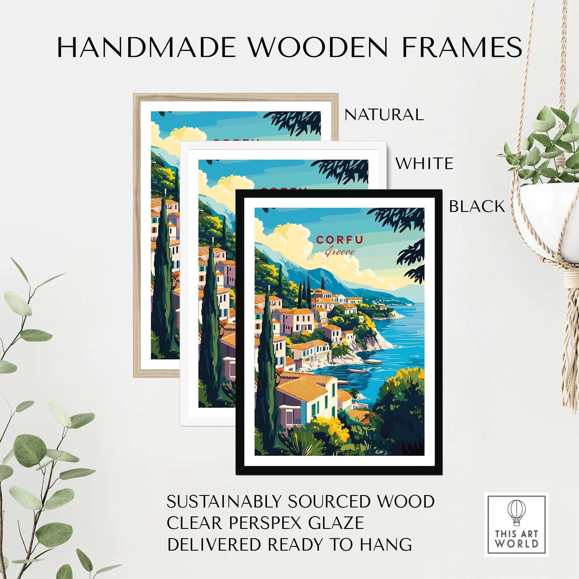 Corfu Greece Travel Poster | Coastal Town Wall Art Print in handmade wooden frames, showcasing natural, white, and black options.