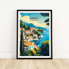 Corfu Greece Travel Poster | Coastal Town Wall Art Print showcasing a picturesque coastal town scene.