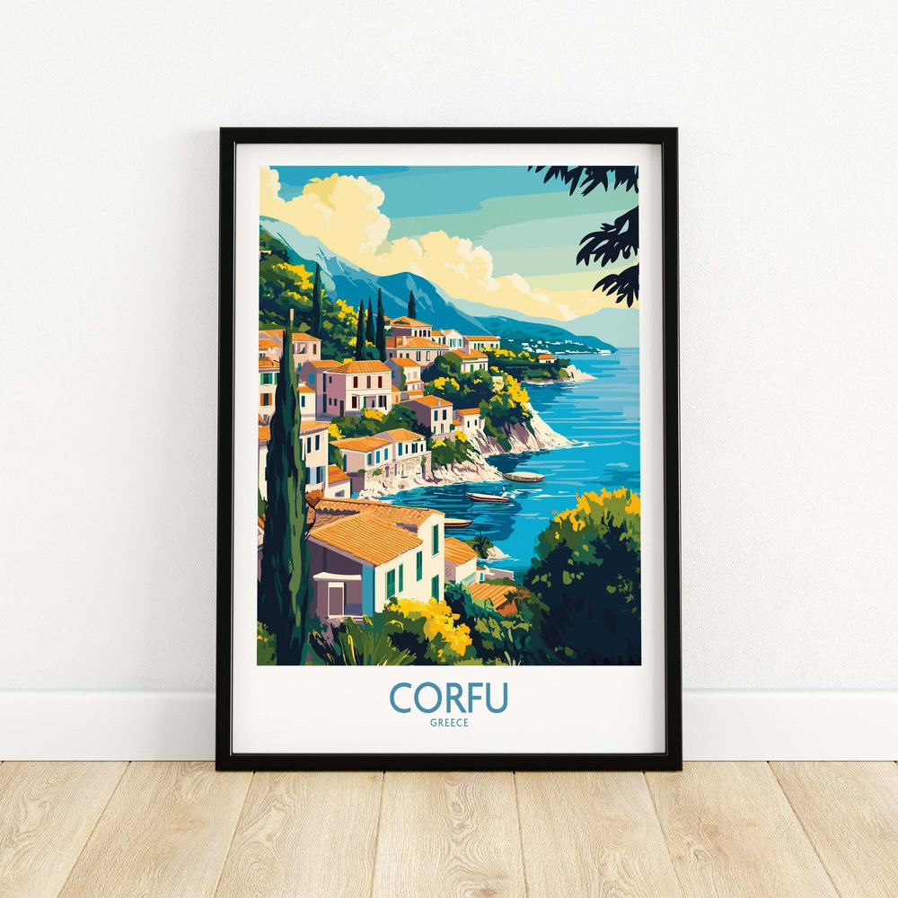 Framed Corfu landscape art print showcasing a vibrant coastal village and serene Ionian Sea.