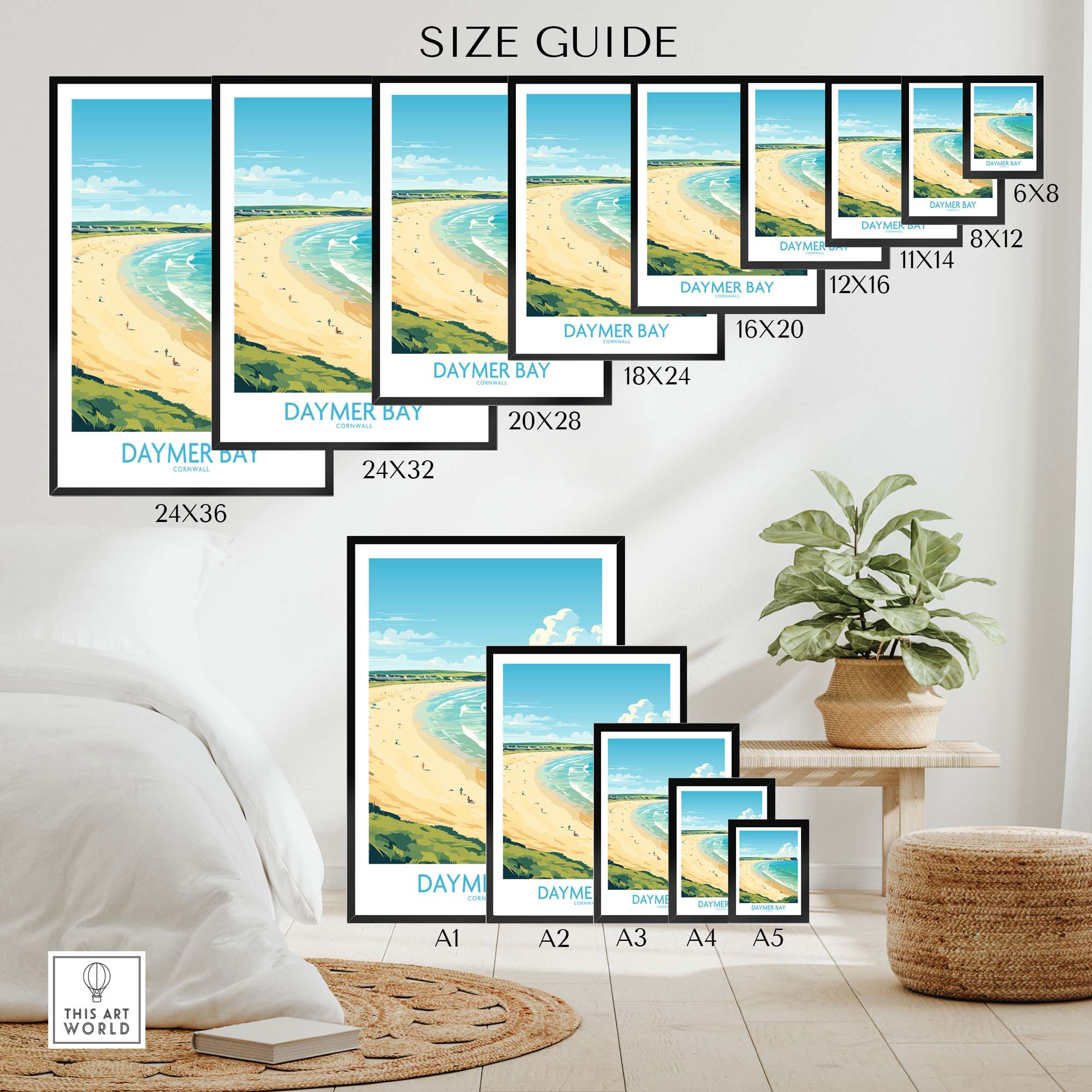 Size guide for Daymer Bay Cornwall wall art prints showcasing various frame sizes in a home setting.