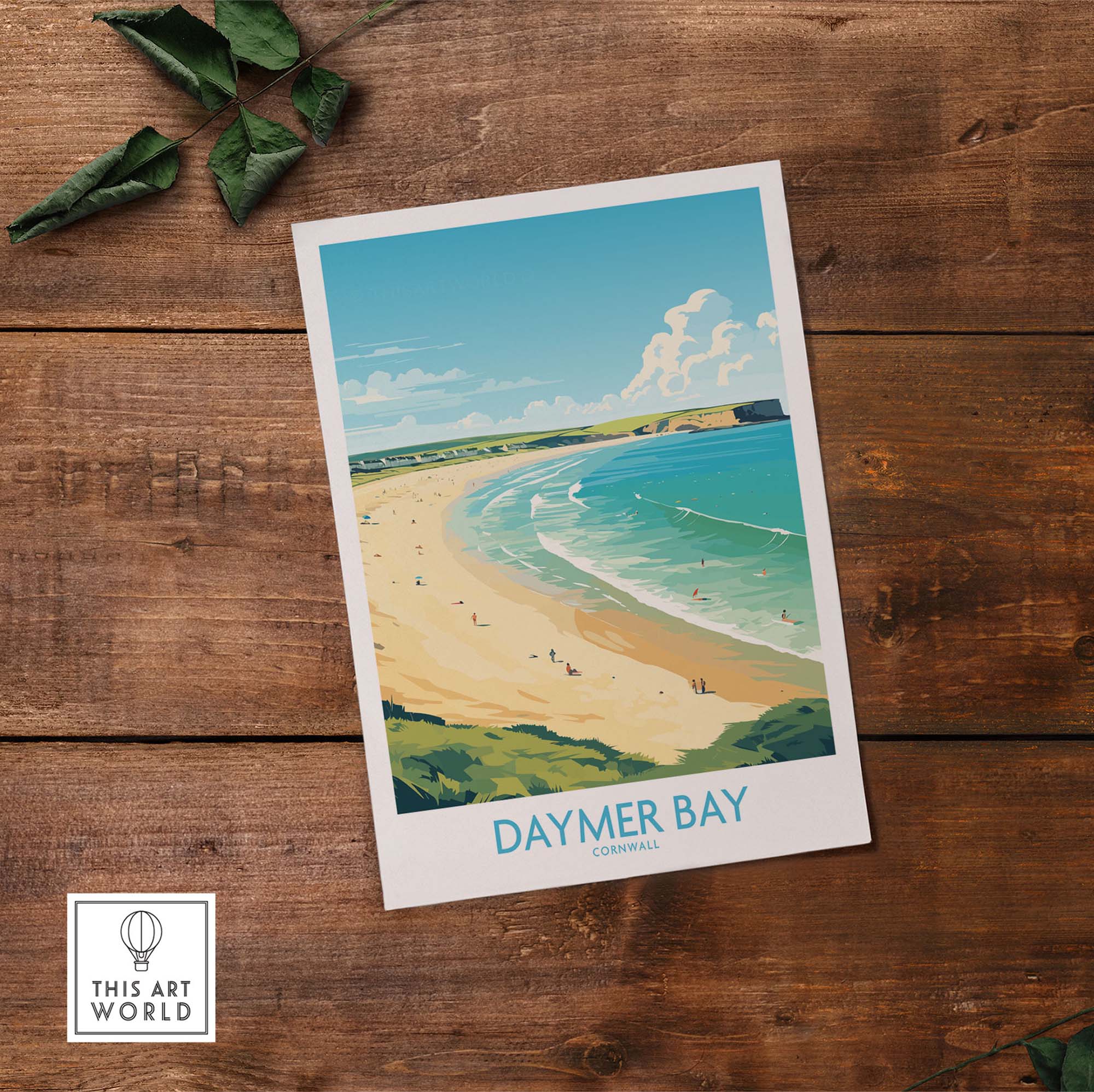 Daymer Bay Cornwall wall art print showcasing a serene coastal scene with vibrant colors and a peaceful ambiance.