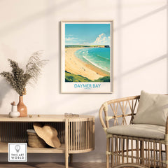 Daymer Bay wall art print displayed in modern living room, showcasing Cornwall's scenic coast and tranquil vibes.