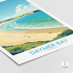 Daymer Bay Cornwall wall art print showcasing a serene beach and turquoise waters in a modern style.