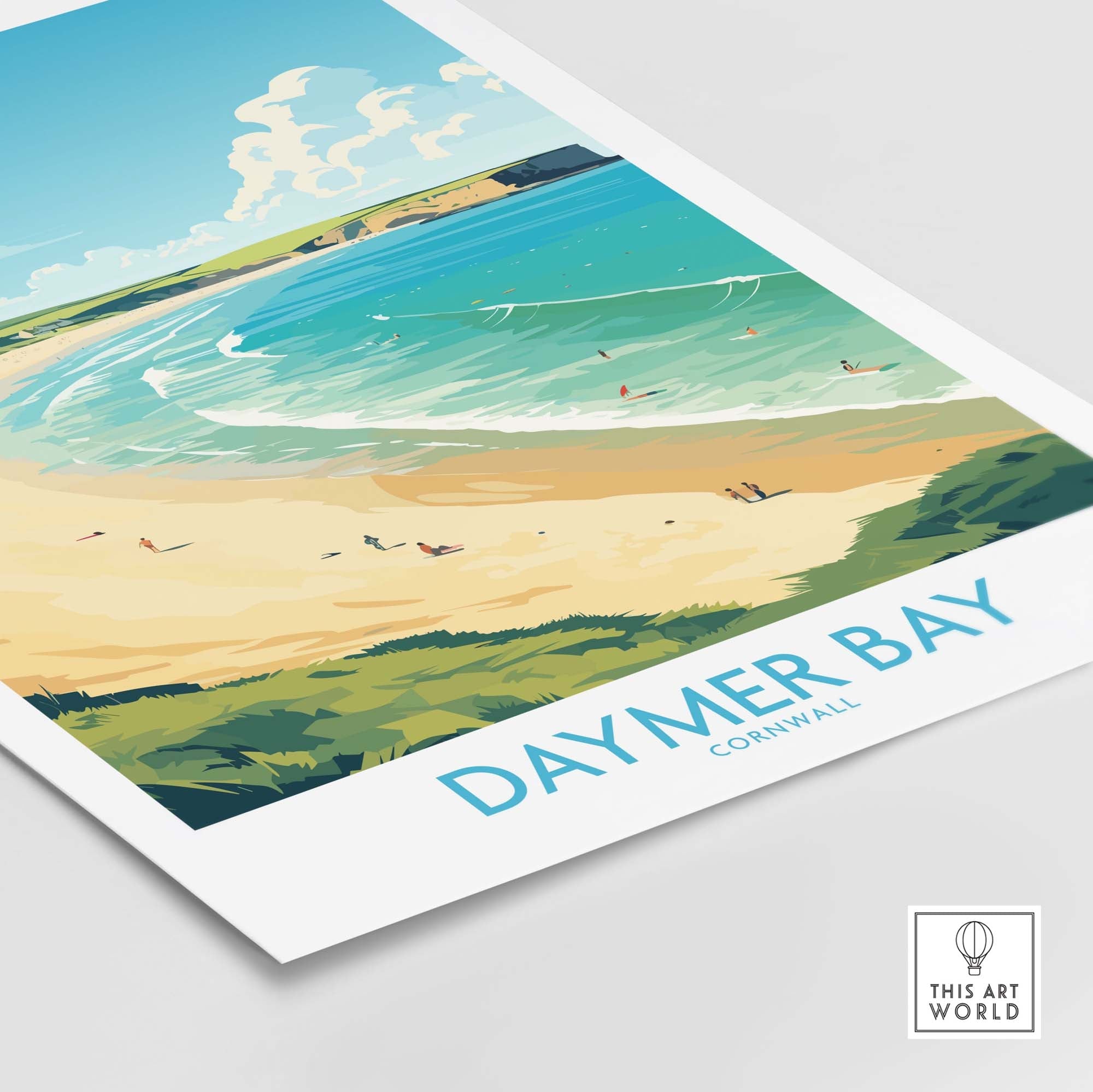 Daymer Bay Cornwall wall art print showcasing a serene beach and turquoise waters in a modern style.