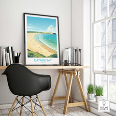 Daymer Bay wall art displayed in modern office setting, featuring serene ocean view and contemporary decor.