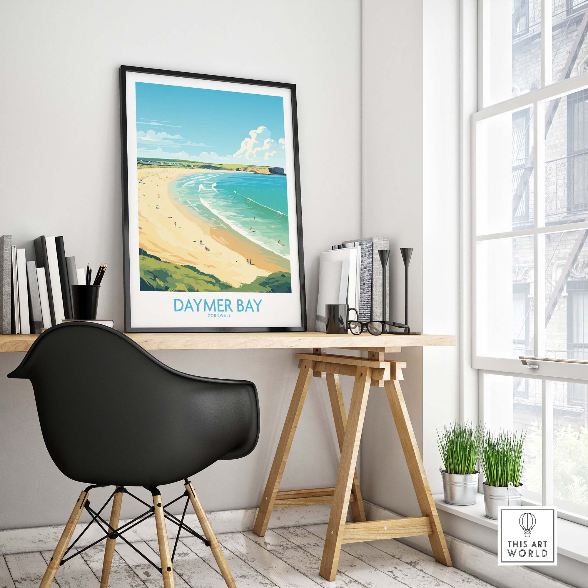 Daymer Bay wall art displayed in modern office setting, featuring serene ocean view and contemporary decor.