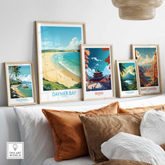 Modern Daymer Bay wall art print collection featuring travel posters of serene landscapes.