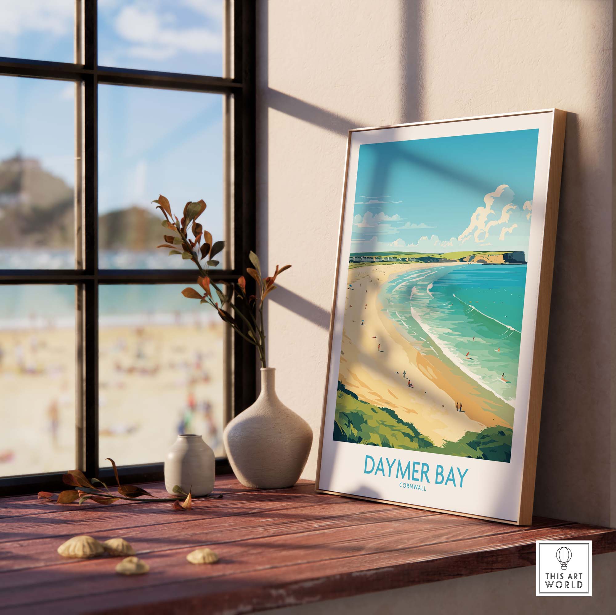 Daymer Bay Cornwall wall art print displayed by a sunny window, showcasing the serene beach landscape and modern design.