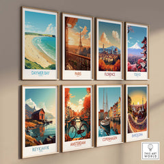 Collection of vibrant travel posters including Daymer Bay, Paris, Florence, Tokyo, Reykjavik, Amsterdam, Copenhagen, and Barcelona.