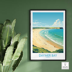 Daymer Bay Cornwall wall art print featuring a tranquil beach scene, framed and displayed on a green wall.