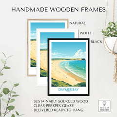 Handmade wooden frames in natural, white, and black for Daymer Bay wall art, sustainably sourced and ready to hang.