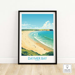 Framed Daymer Bay wall art print showcasing sandy beach and blue ocean, perfect for adding tranquil vibes to home decor.