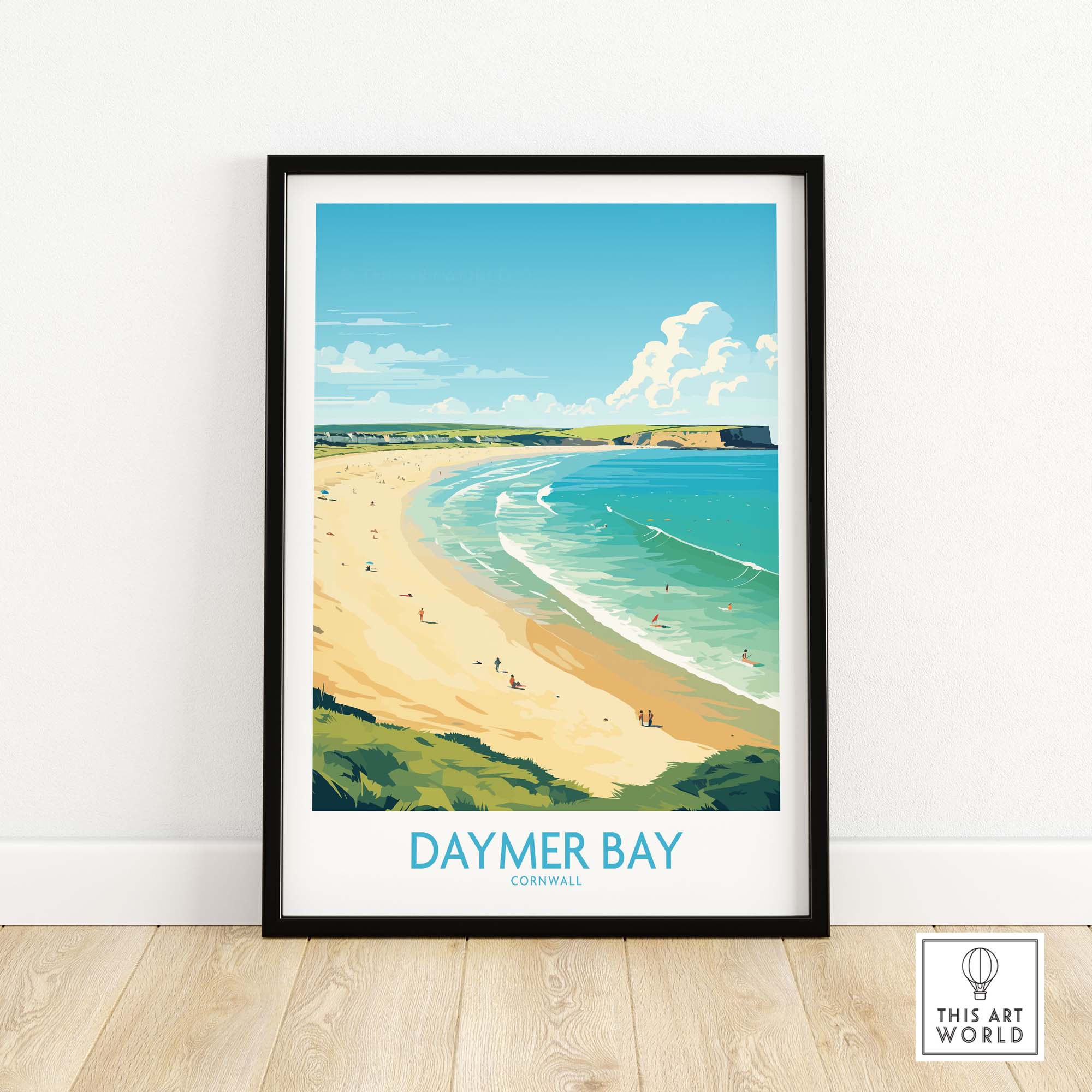 Framed Daymer Bay wall art print showcasing sandy beach and blue ocean, perfect for adding tranquil vibes to home decor.