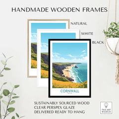 Three handmade wooden frames in natural, white, and black showcasing a Cornwall seaside poster, ready to hang.