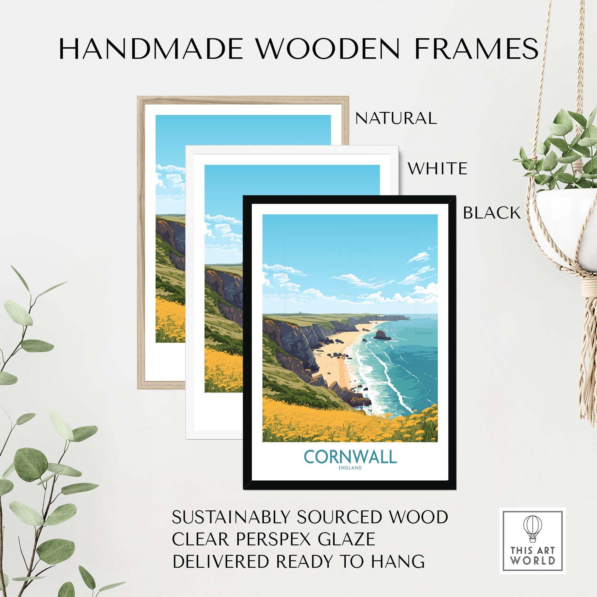 Three handmade wooden frames in natural, white, and black showcasing a Cornwall seaside poster, ready to hang.