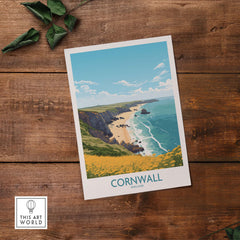 Cornwall poster showcasing stunning seaside views and vibrant coastal scenery in modern style.