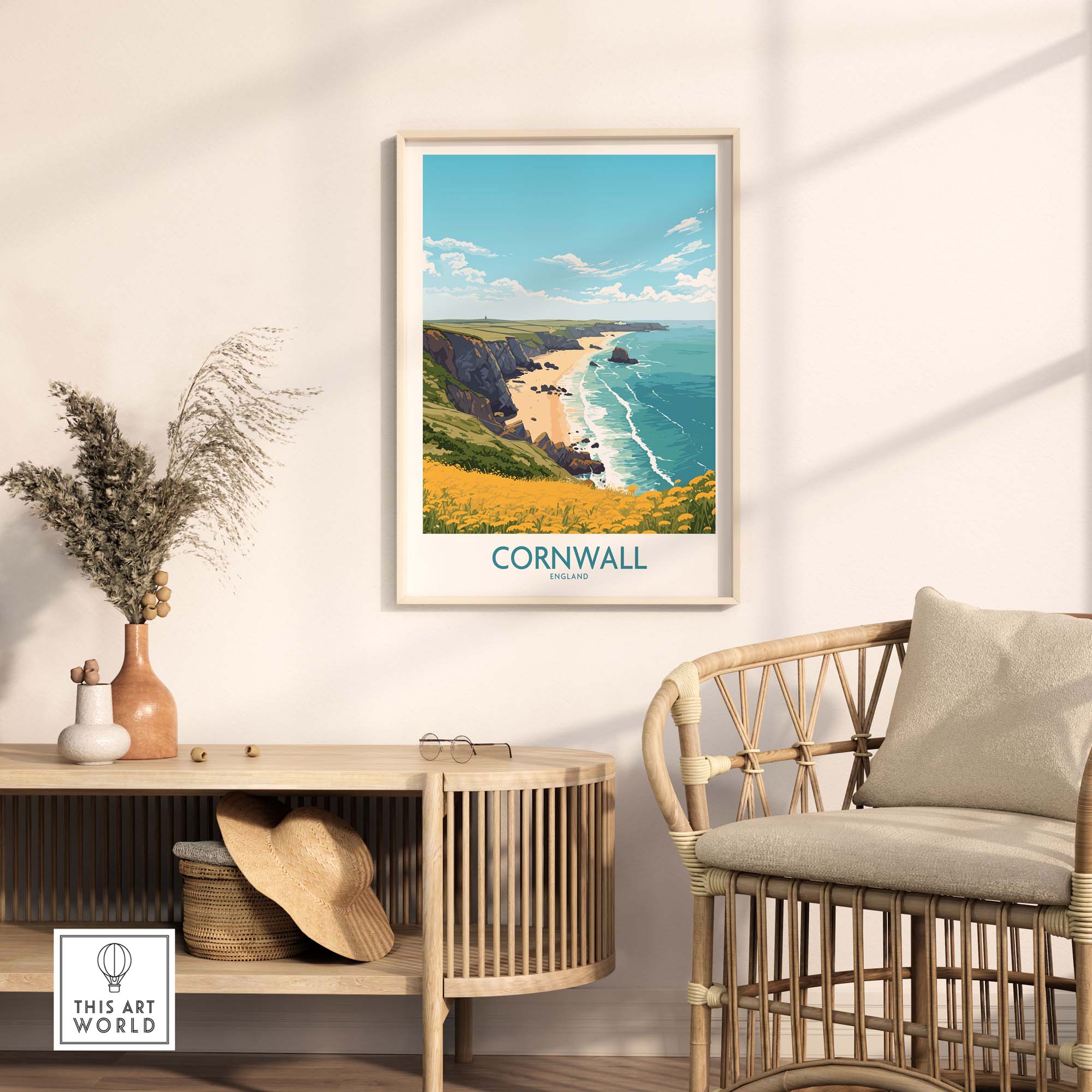Cornwall poster in modern frame depicting stunning seaside views of Cornwall, perfect for home decor.