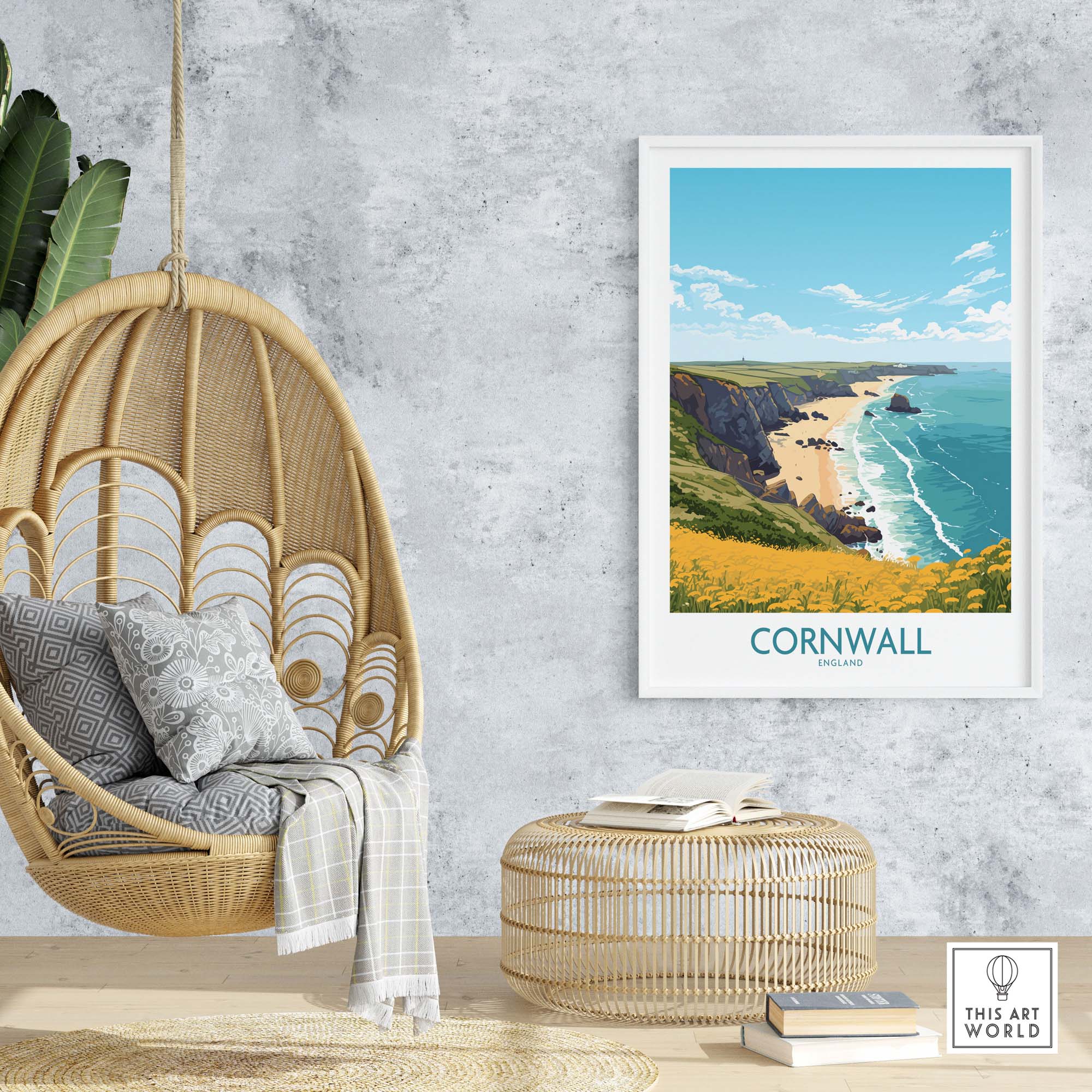Cornwall poster featuring stunning seaside views, modern style decoration in a coastal-themed living room.