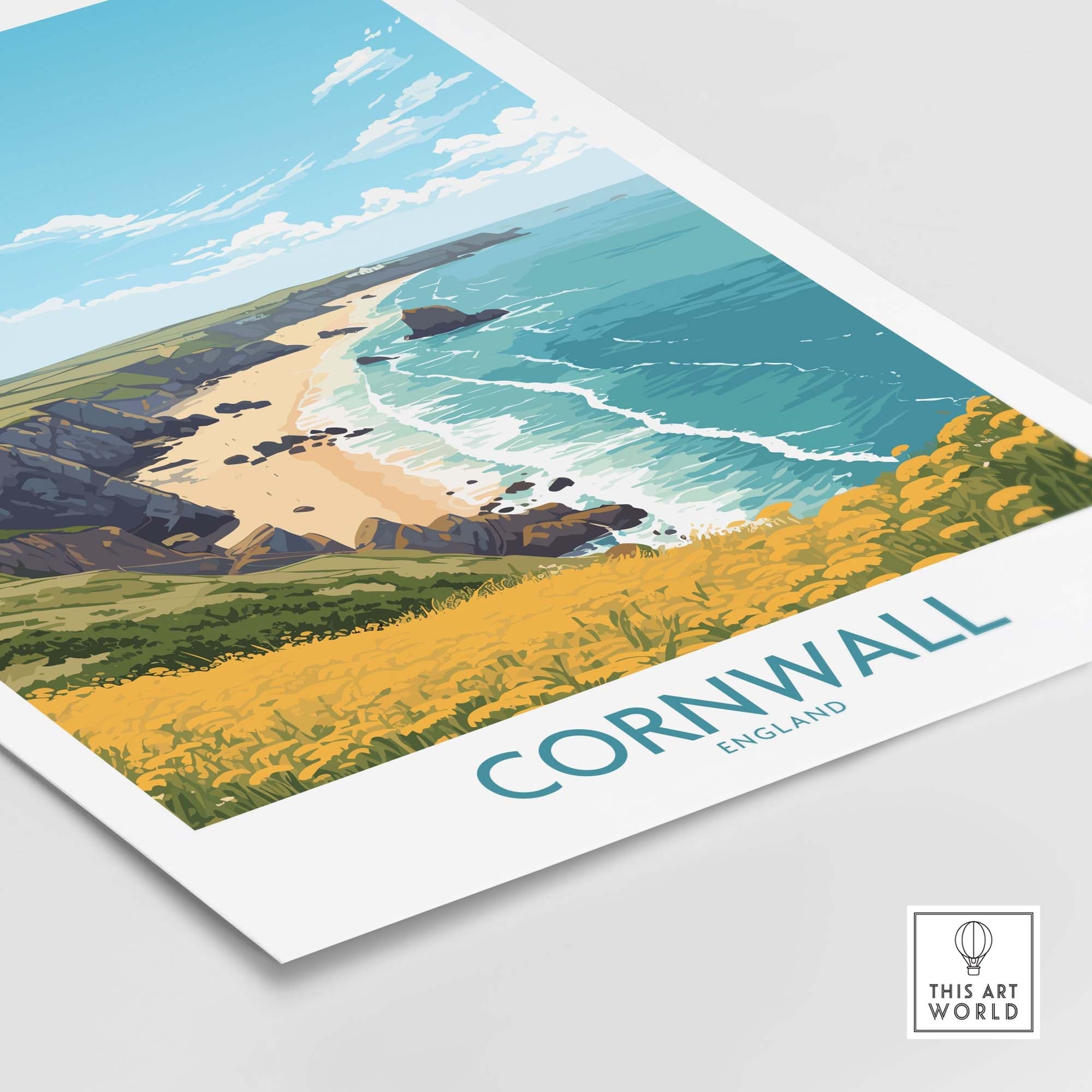 Cornwall poster showcasing stunning seaside views and vibrant colors of the English coast, perfect for home decor.