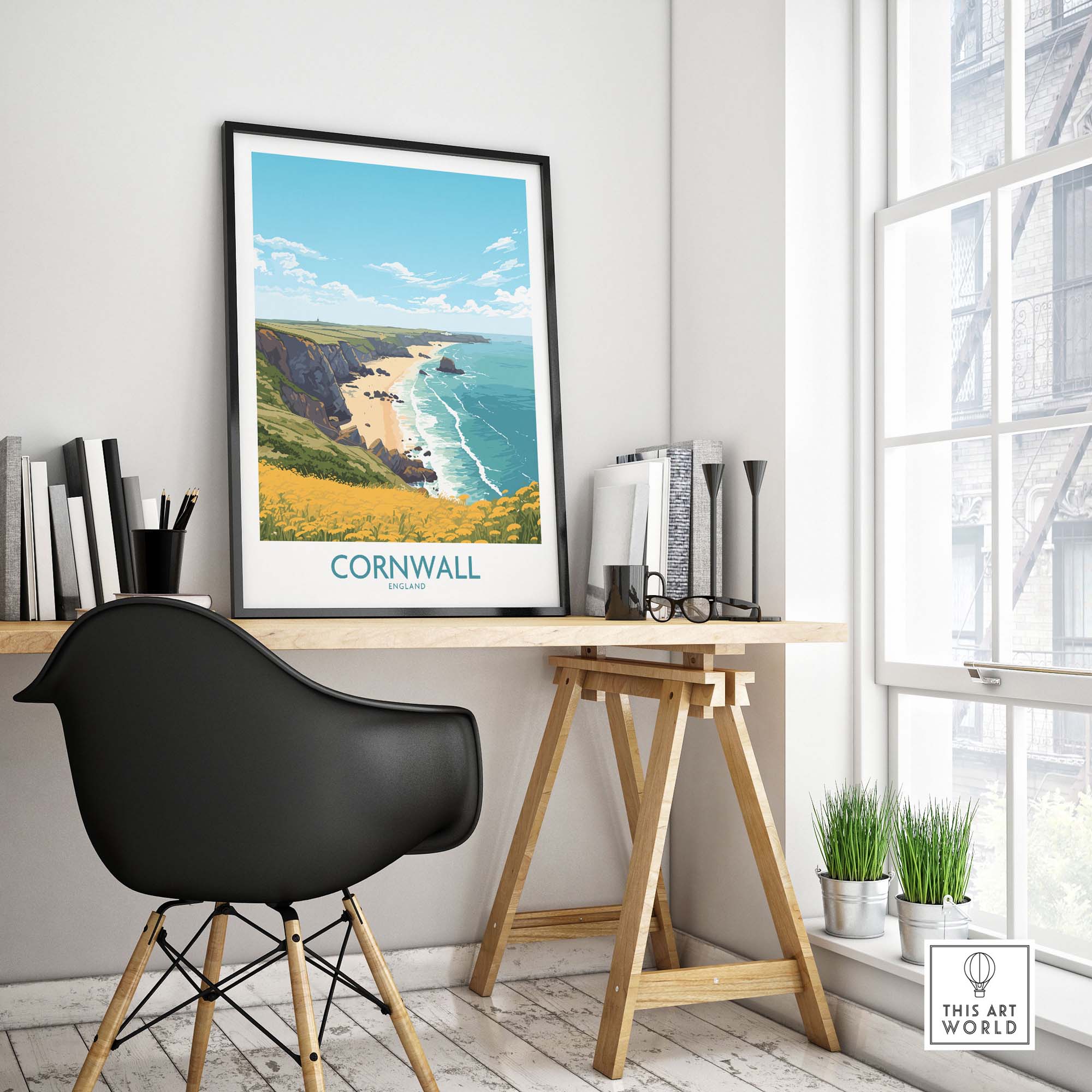 Cornwall poster in modern decor showcasing coastal views, perfect for home decoration and travel memories.