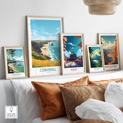 Gallery of travel posters featuring Cornwall, Beijing, Costa Rica, and the Grand Canyon displayed in stylish frames.