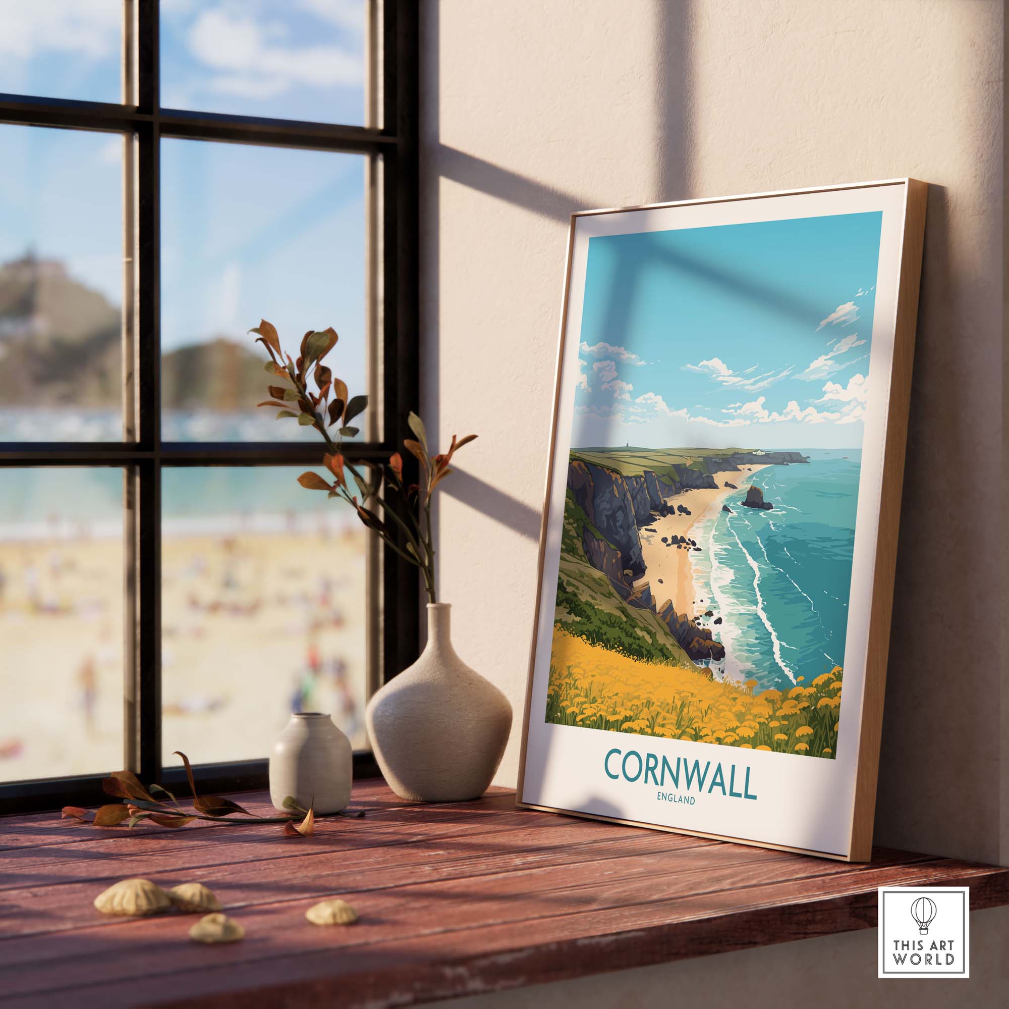 Cornwall poster featuring stunning seaside views, bright colors, and modern style art print on a table by a window.