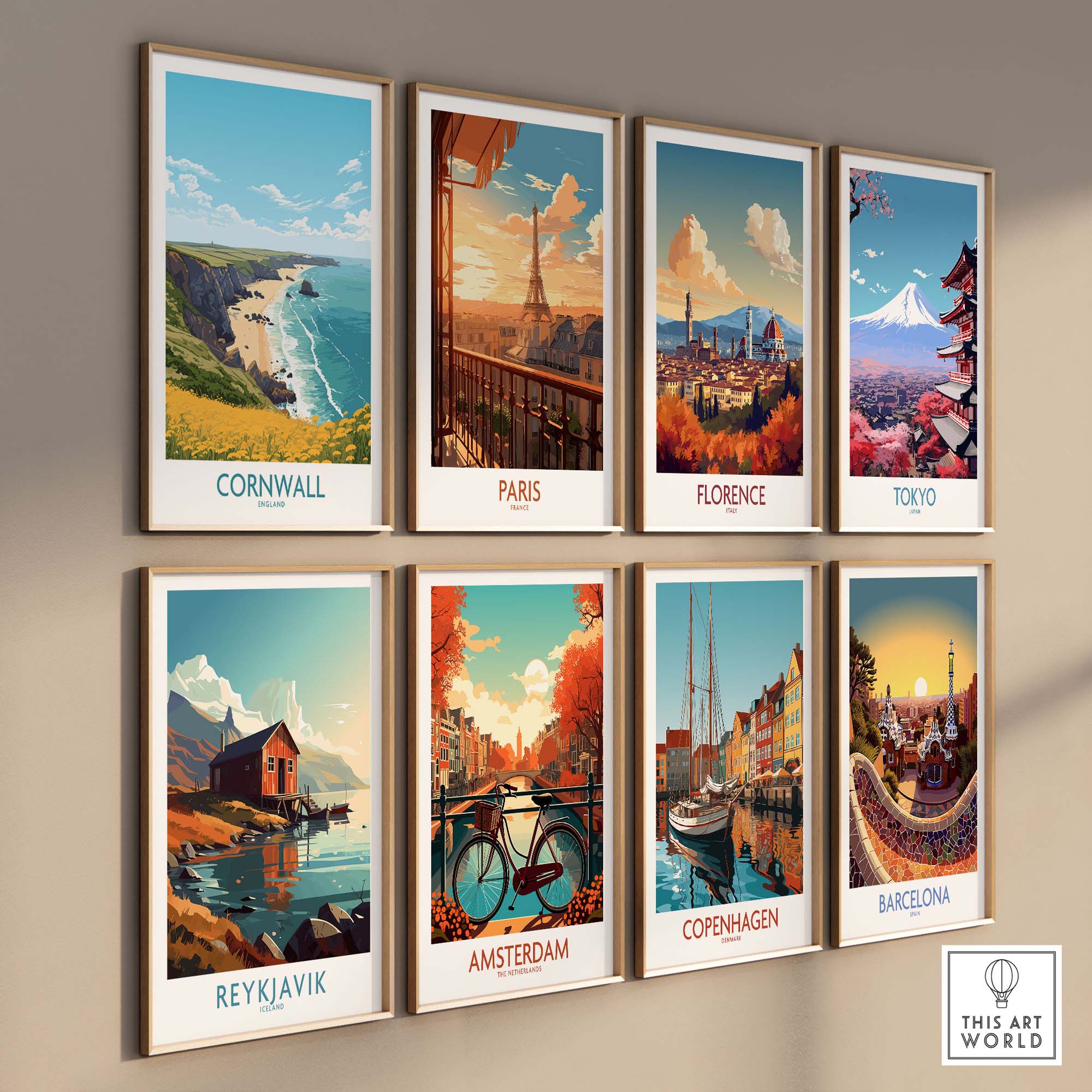 Collection of travel posters featuring Cornwall, Paris, Florence, Tokyo, Amsterdam, Copenhagen, Reykjavík, and Barcelona.