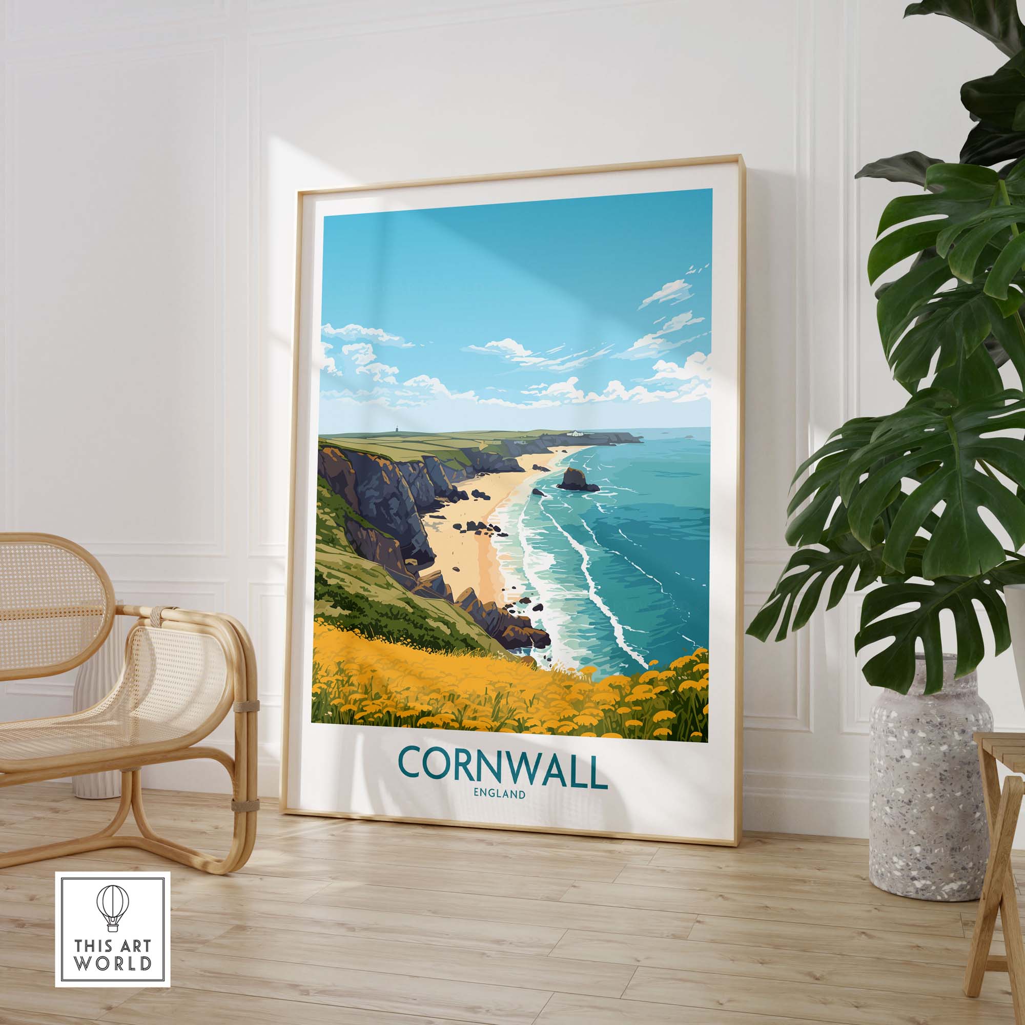 Cornwall poster featuring a beautiful seaside view, perfect for bringing a touch of English coast charm to your home.