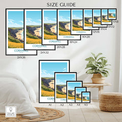 Size guide for Cornwall poster showcasing various dimensions and seaside view of Cornwall.