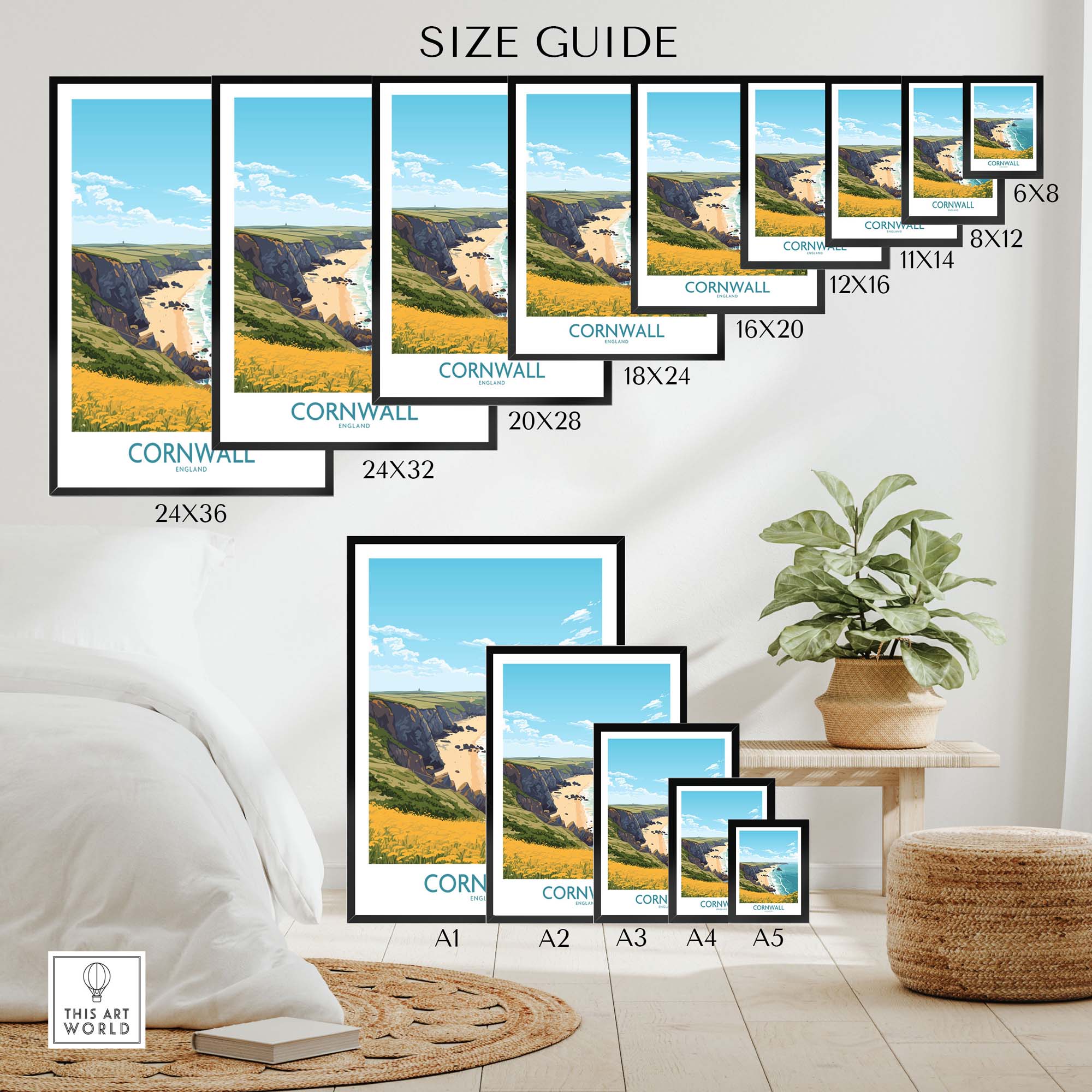 Size guide for Cornwall poster showcasing various dimensions and seaside view of Cornwall.