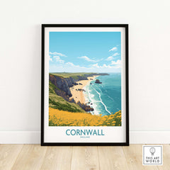 Cornwall poster featuring a scenic coastal view with cliffs and beach, capturing the beauty of England's coastline.