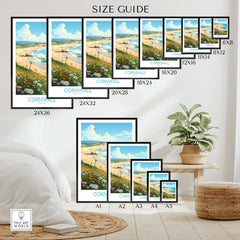 Size guide for Cornwall wall art prints in various dimensions displayed in a cozy room setting.