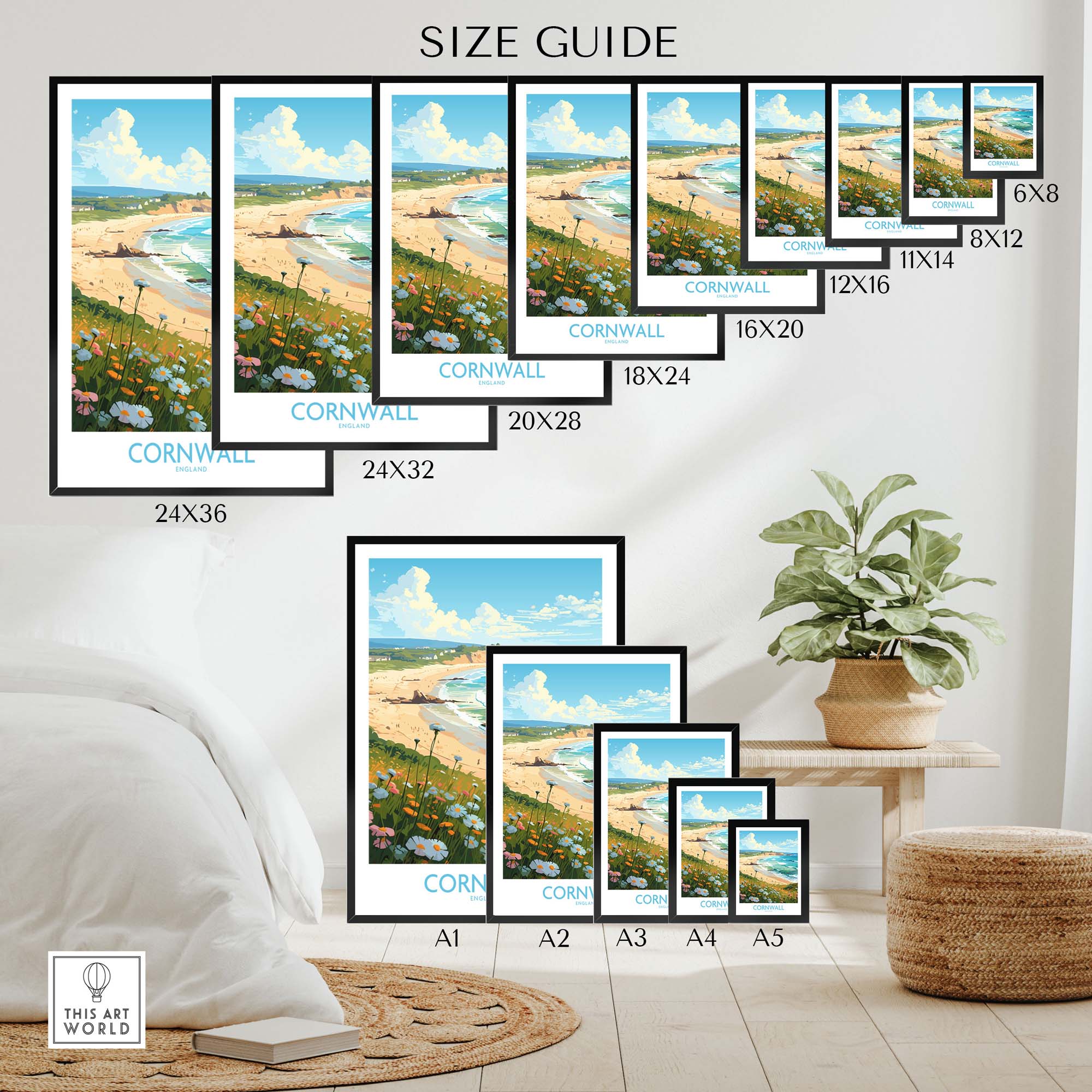 Size guide for Cornwall wall art prints in various dimensions displayed in a cozy room setting.
