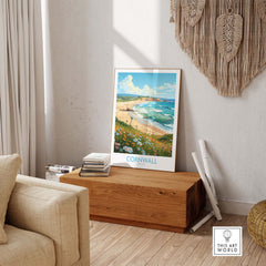 Cornwall wall art print featuring a beach scene, adding a touch of coastal charm to modern home decor.