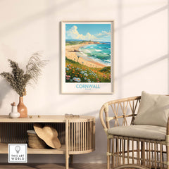 Cornwall wall art print featuring a beautiful coastal scene, adding beachy vibes to your home decor.