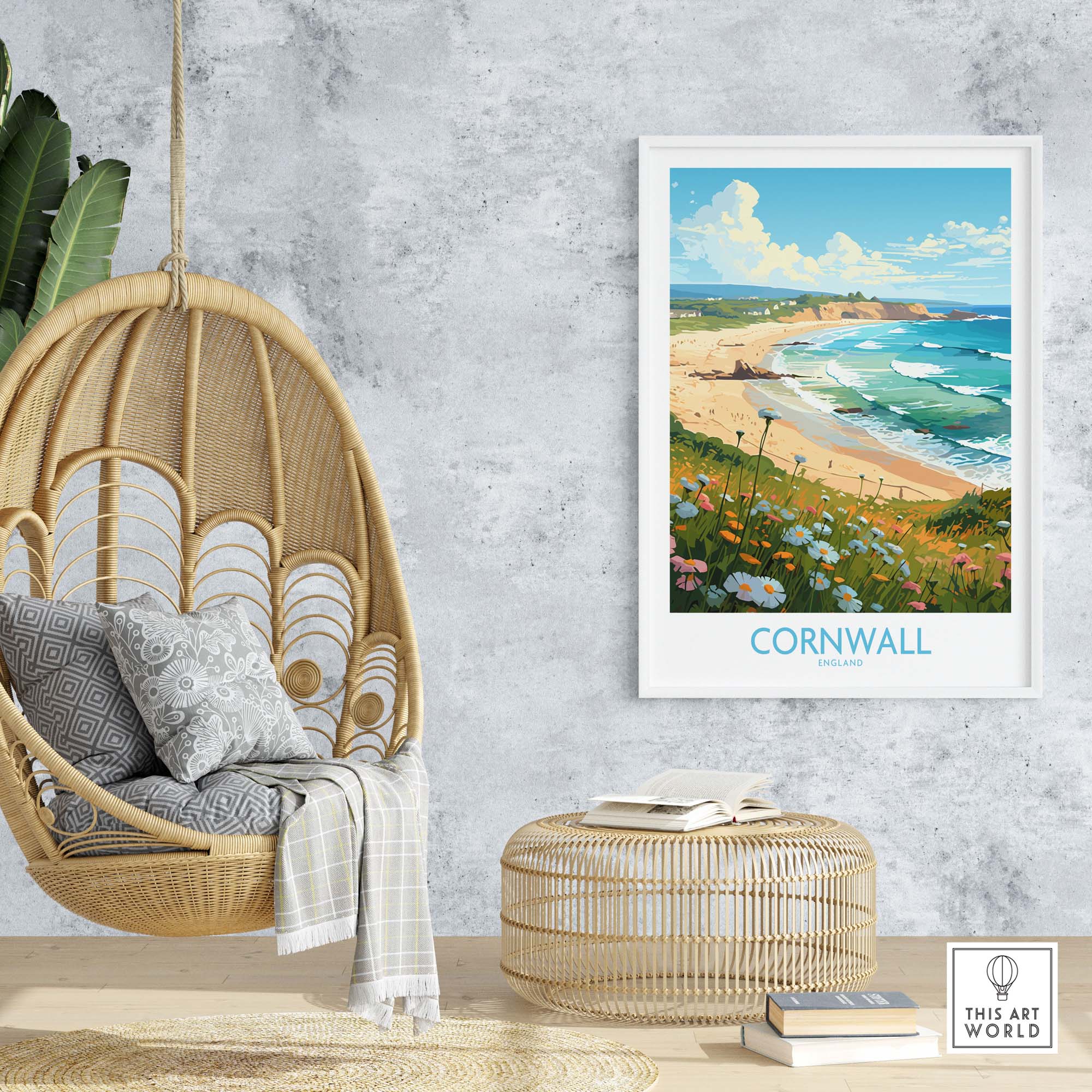 Cornwall wall art print in modern decor setting with hanging chair and natural elements.