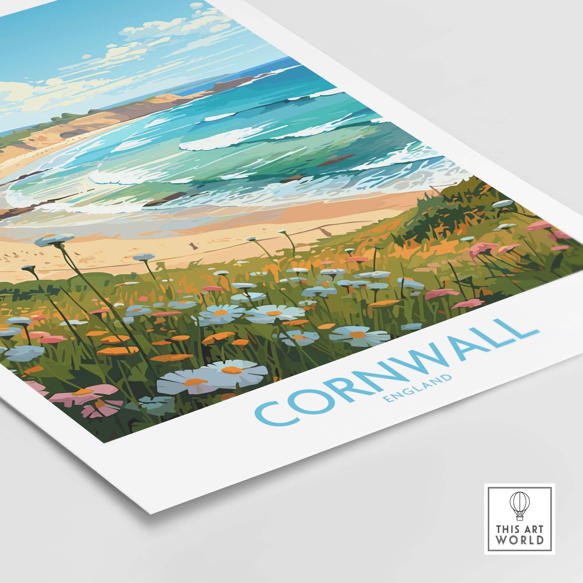 Cornwall wall art print featuring a serene beach landscape with colorful flowers, evoking peaceful coastal vibes.