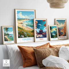 Gallery of framed travel art prints including Cornwall, Philippines, Beijing, Costa Rica, and Grand Canyon.