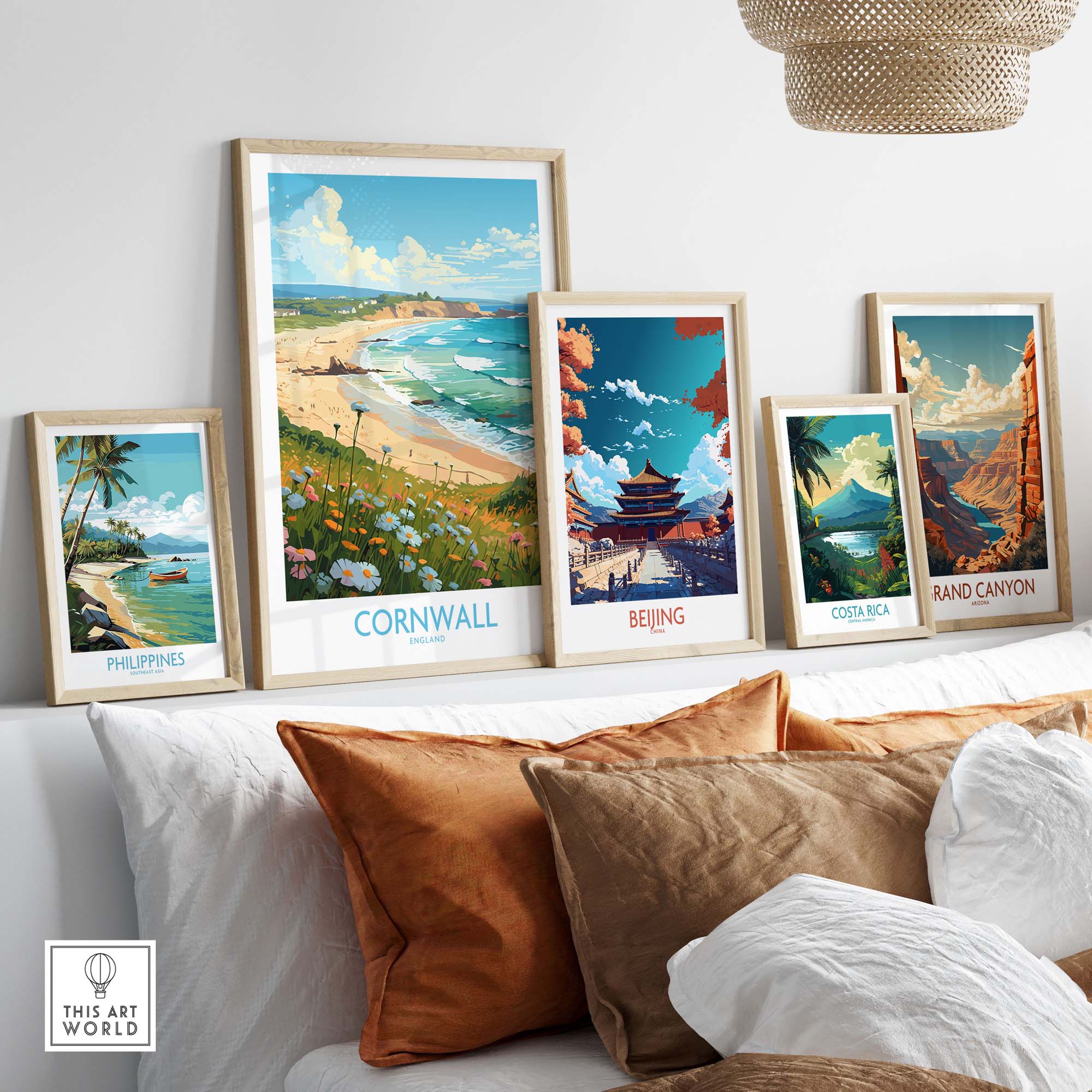 Gallery of framed travel art prints including Cornwall, Philippines, Beijing, Costa Rica, and Grand Canyon.