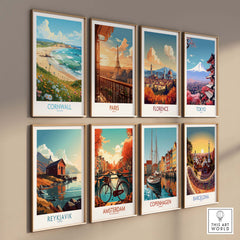 Gallery of travel art prints featuring Cornwall, Paris, Florence, Tokyo, Reykjavik, Amsterdam, Copenhagen, and Barcelona.