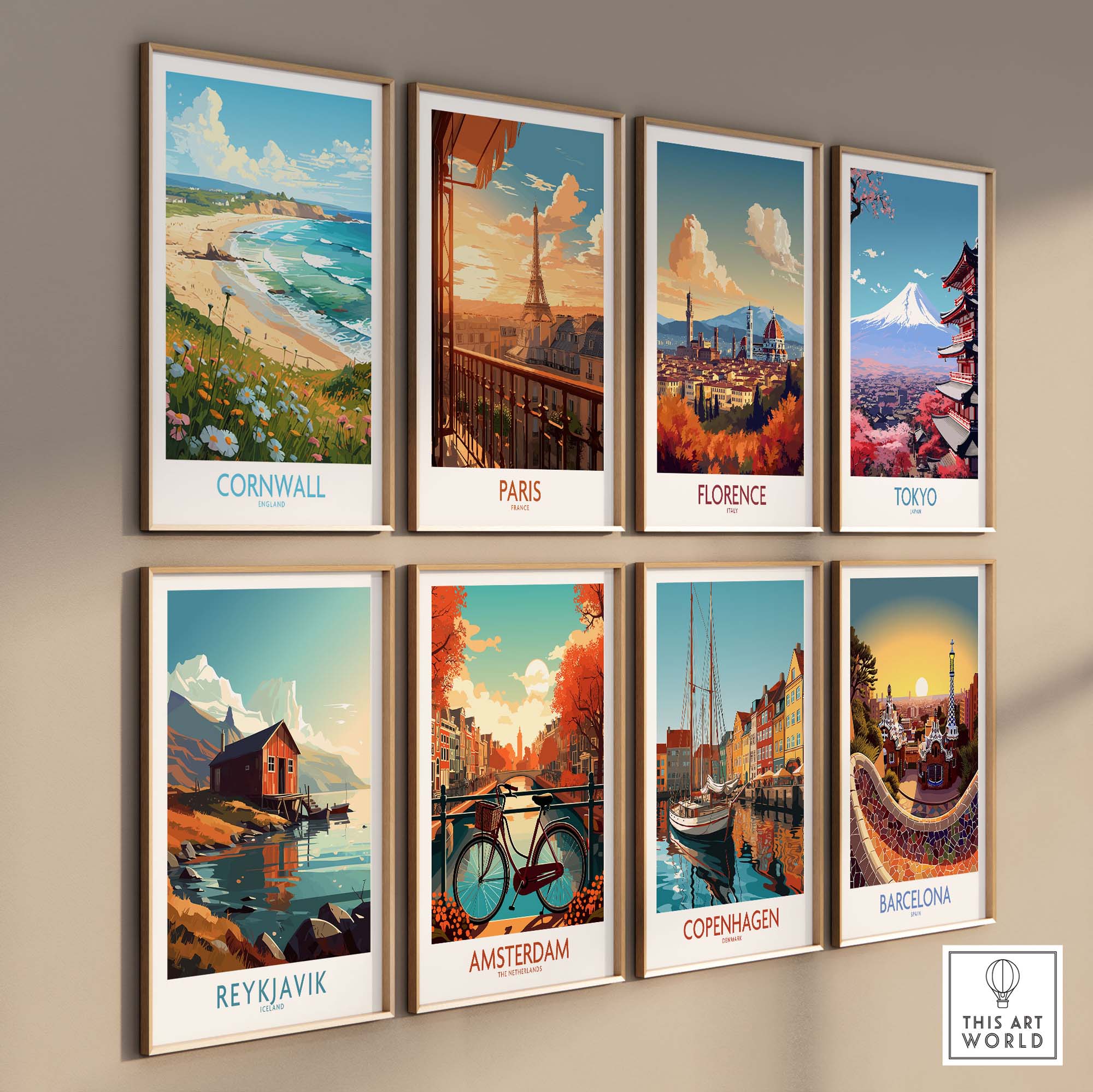 Gallery of travel art prints featuring Cornwall, Paris, Florence, Tokyo, Reykjavik, Amsterdam, Copenhagen, and Barcelona.