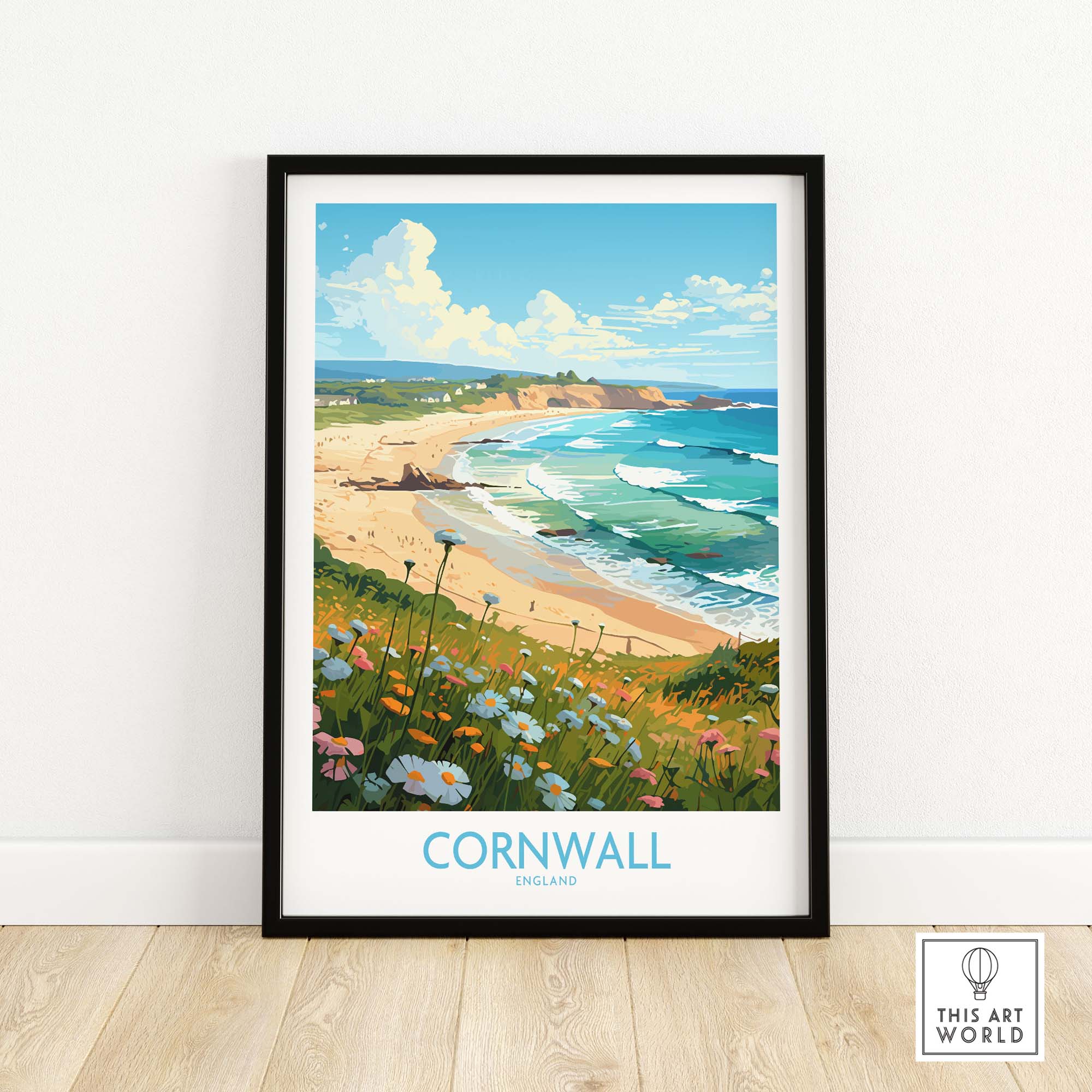 Cornwall wall art print featuring a scenic beach landscape with flowers, perfect for a modern home decor.