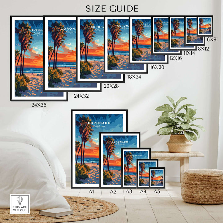 Size guide for Coronado Print California showcasing various dimensions and coastal art designs for decor inspiration.