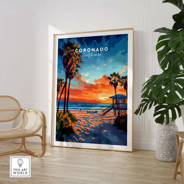 Coronado Print California showcasing a vibrant sunset and serene beach scene with palm trees in a stylish home setting.