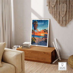 Coronado Print California featuring a serene beach scene and vibrant sunset, perfect for home decor.