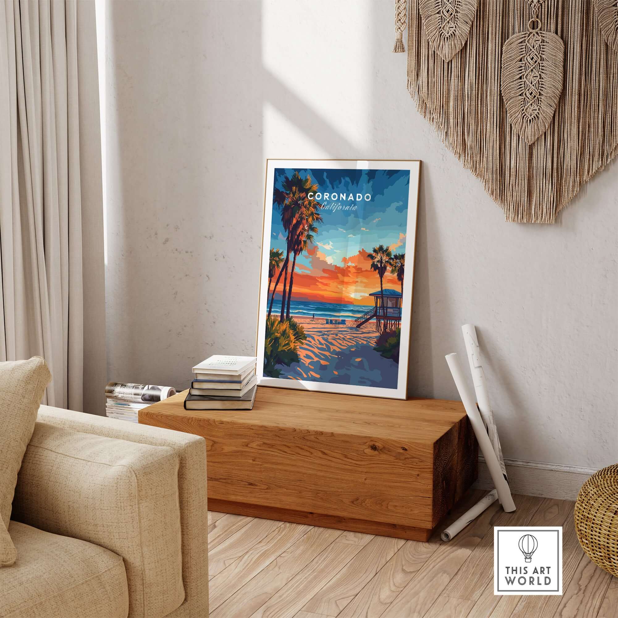 Coronado Print California featuring a serene beach scene and vibrant sunset, perfect for home decor.
